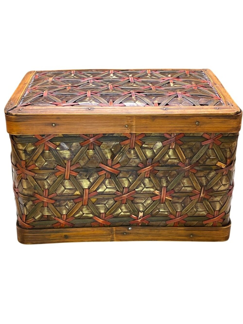 Vintage Handwoven Wooden Storage Chest With Hinged Lid & Rustic Finish